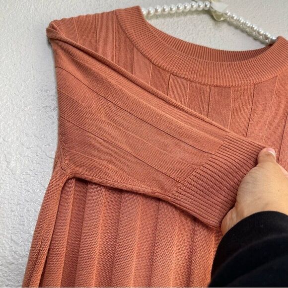 VEDA Large Knit Long Dress Casual 3/4 Sleeve Ribbed Colorblock Stripe High Neck - Picture 5 of 10